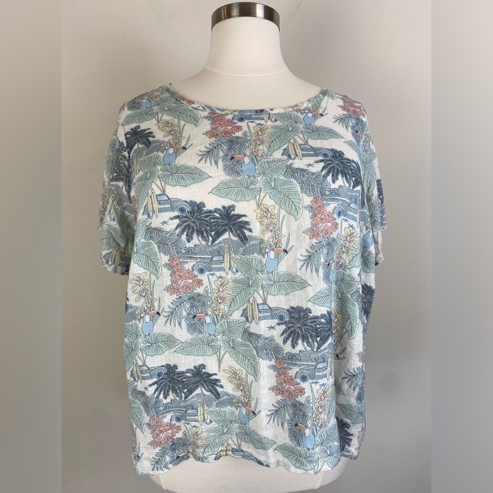 Tahari Linen Tunic Top Short‎ Sleeve Tropical Print Round Neck Sz 2X Hi Low Hem